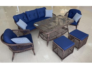 Комплект мебели ERGUVAN PLUS / LEYLAK  (Диван 3х местный + 2 Кресла + 2 Пуфика + Стол (Стекло)) 