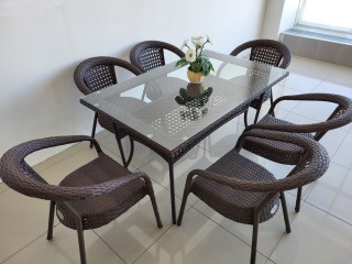 Комплект мебели DECO 1400*850 Цвет: 4019 (коричневый) (Стол (Стекло) 1400*850 + 6 Кресел без подушек)