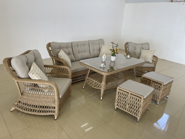 Комплект мебели POLEN LEYLAK  (Диван 3х местный + 2 Кресла + 2 Пуфика + Стол (Стекло))