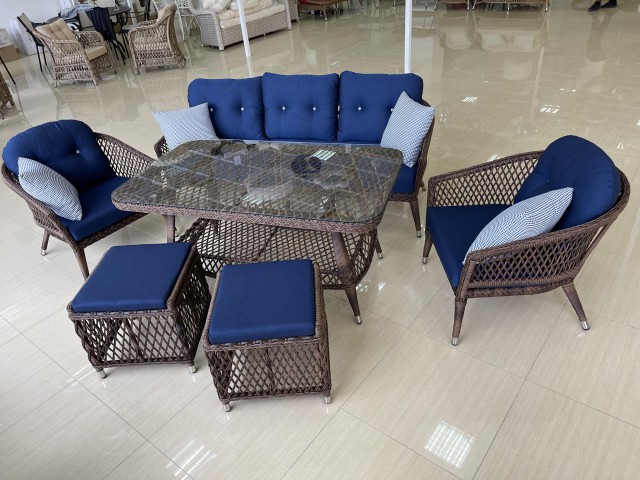 Комплект мебели ERGUVAN PLUS / LEYLAK  (Диван 3х местный + 2 Кресла + 2 Пуфика + Стол (Стекло)) 