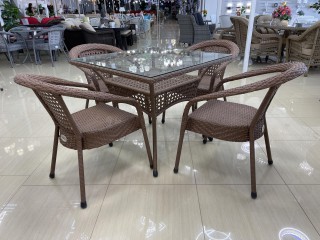 Комплект мебели DECO 900*900 Цвет: 0221 (орех) (Стол (Стекло) 900*900 + 4 Кресла без подушек)